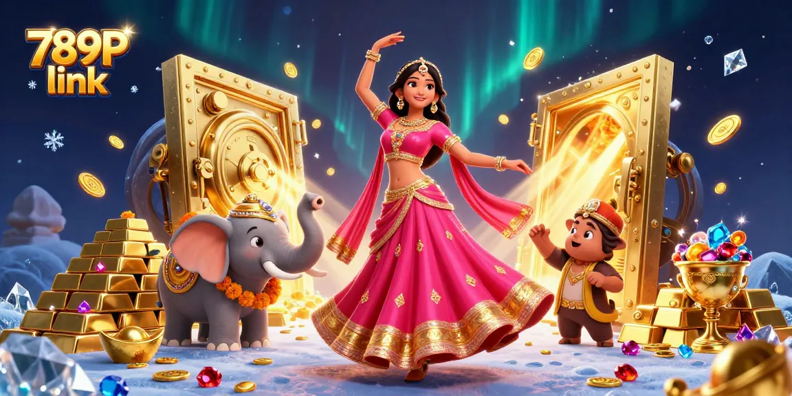 Experience thrilling wins with 789P link in this vibrant casino illustration packed with gold and gems.