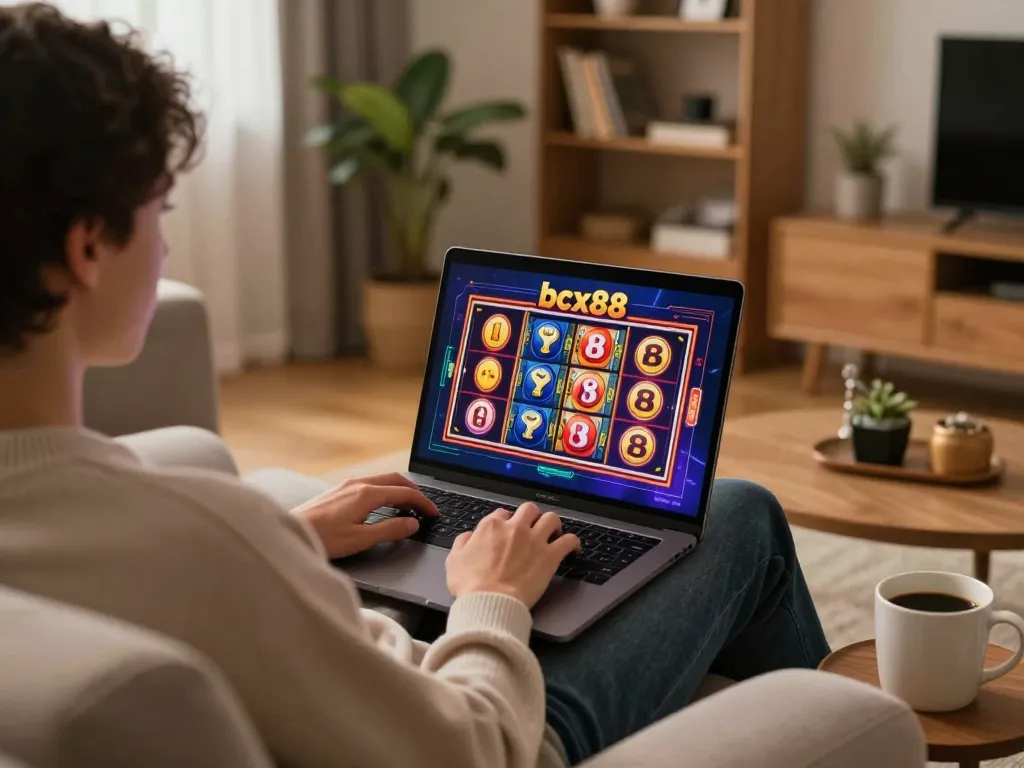 Engaging online casino gameplay at bcx88 on a cozy laptop setup in a comfy living room