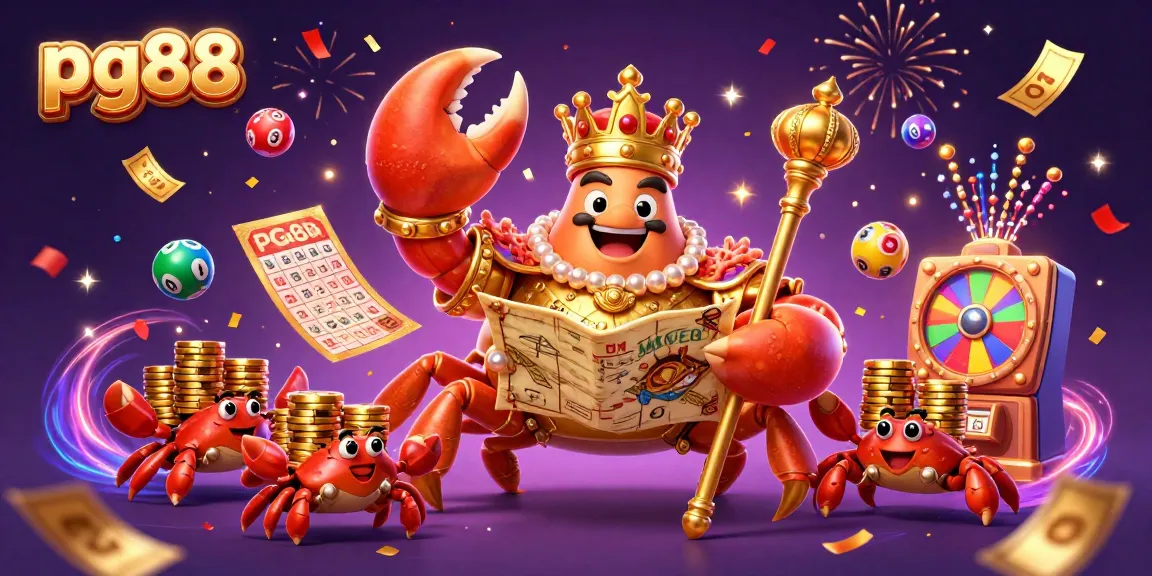 Participate in thrilling games at pg88 featuring a golden crab and vibrant casino elements.
