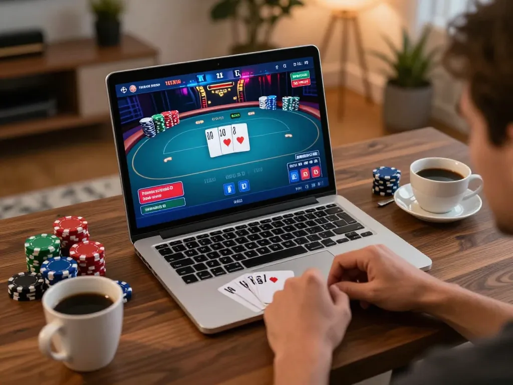 88VV gaming experience: intense online poker session with vibrant interface in a cozy home setup
