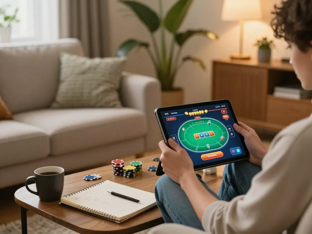 58wiin player engaging in online casino gaming from home using tablet with cozy ambiance
