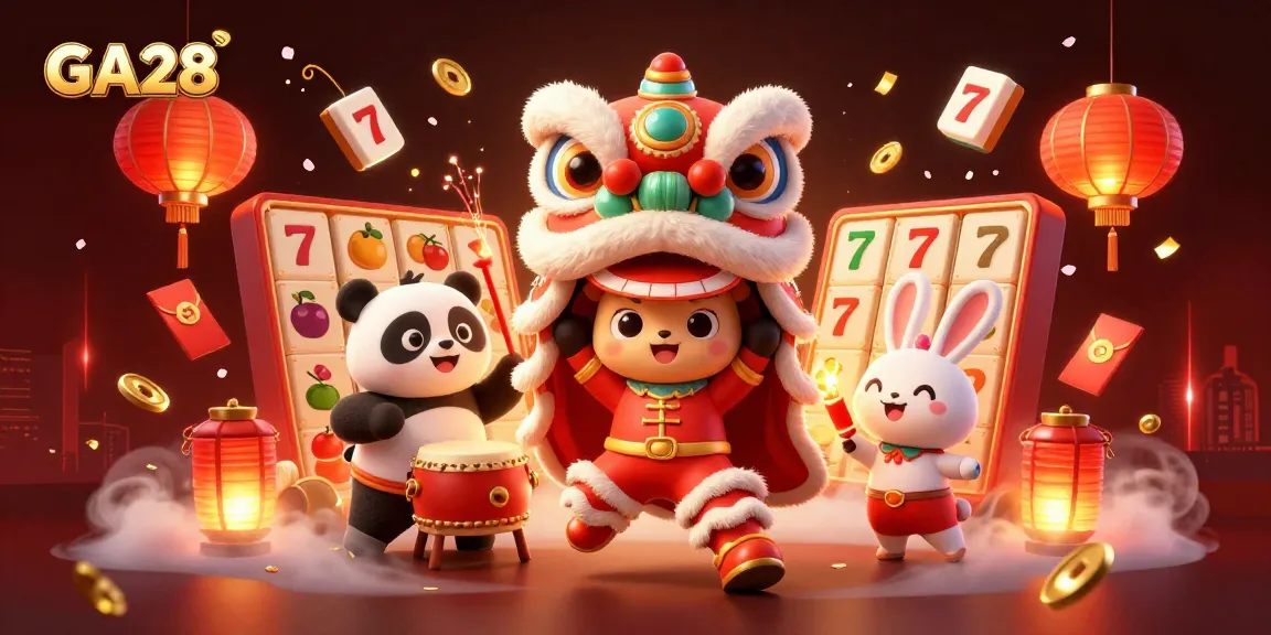 Spin the reels with GA28, featuring dynamic characters in a festive casino scene