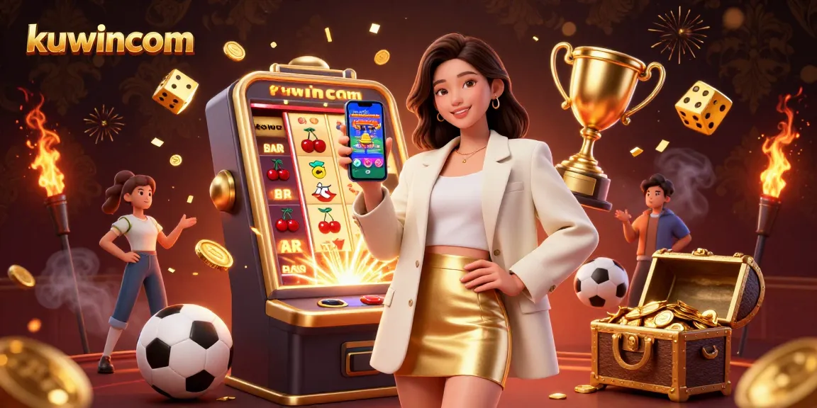 Kuwincom features a woman engaging in sports betting with casino game elements in a vibrant illustration.