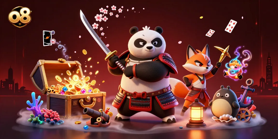 Engage with thrilling o8 gambling adventure through vibrant samurai panda and ninja fox, surrounded by treasure and excitement.