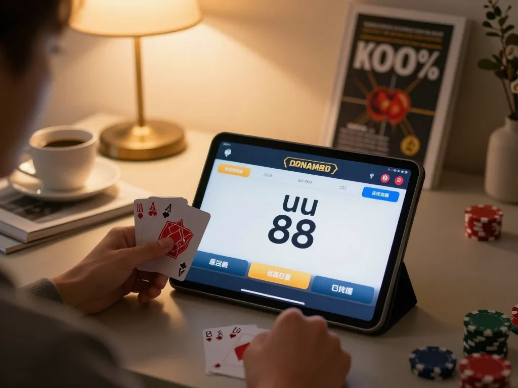Player engaging with uu 88 on tablet, strategizing poker moves in a cozy setting.