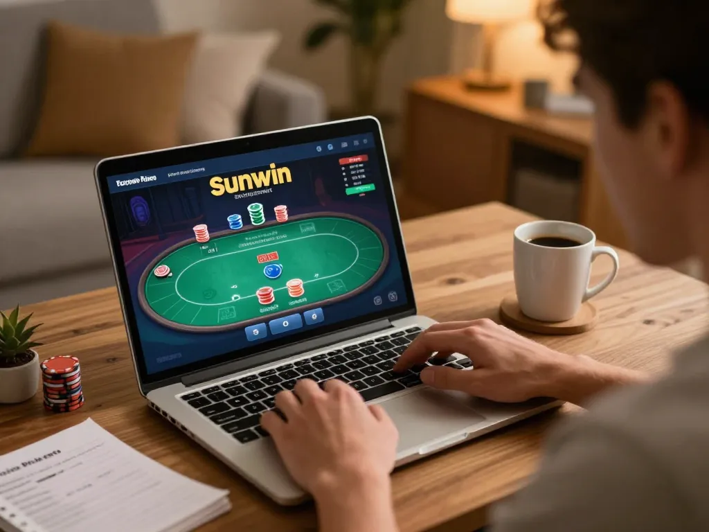 Player engaging with Sunwin online poker, showcasing strategic gameplay and cozy home atmosphere.