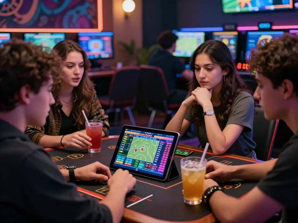 Engaged group enjoying rikbet online betting experience around tablet displaying live odds and sports updates.