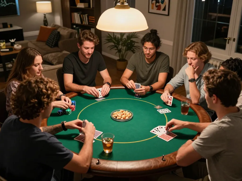 Players enjoy a lively poker night, strategically betting with 58win in a cozy home setting.