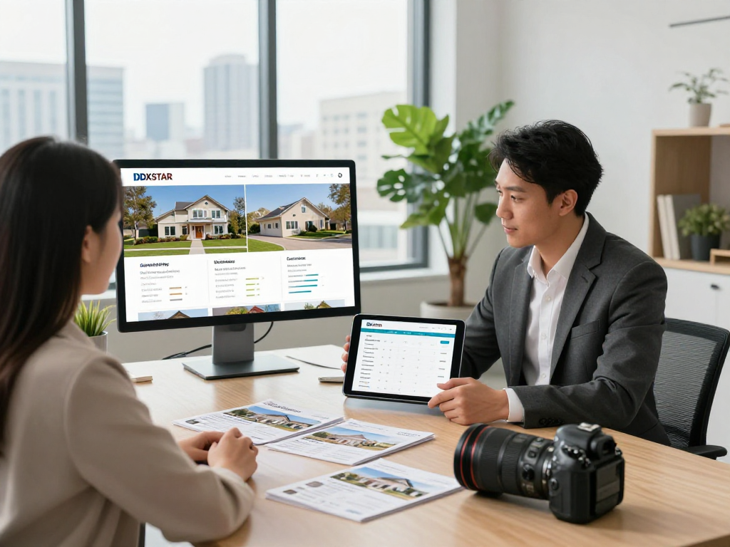 Real estate agent demonstrating IDXSTAR listings to clients in a modern office, showcasing latest market trends.