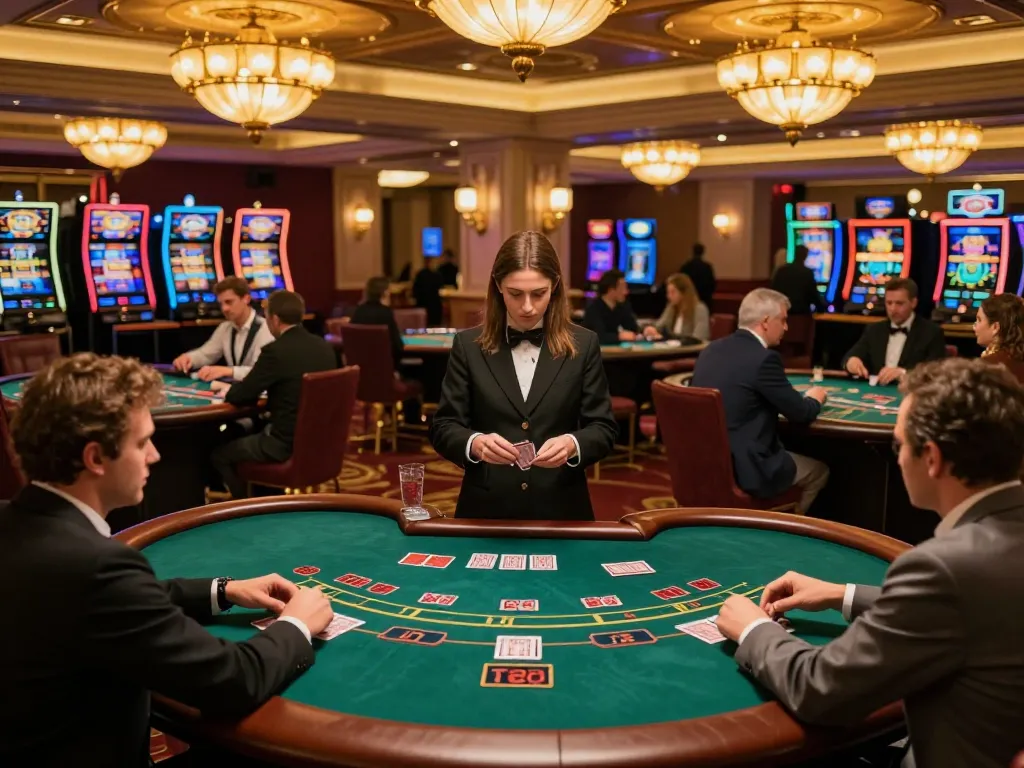 Players strategizing at LV88 blackjack tables in a luxurious casino setting, showcasing competitive excitement and social interaction.