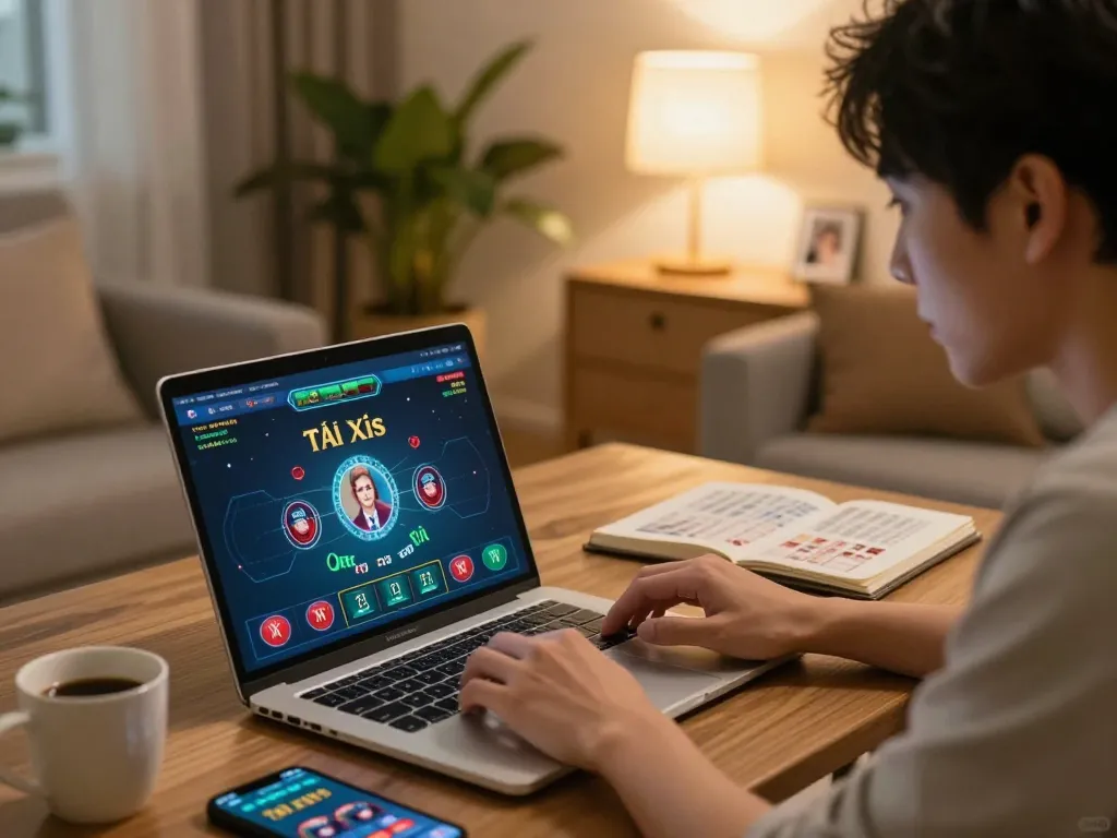 Person enjoying Tài Xỉu online at home with notebook and laptop showing taixiuonline8 interface, creating a cozy atmosphere.