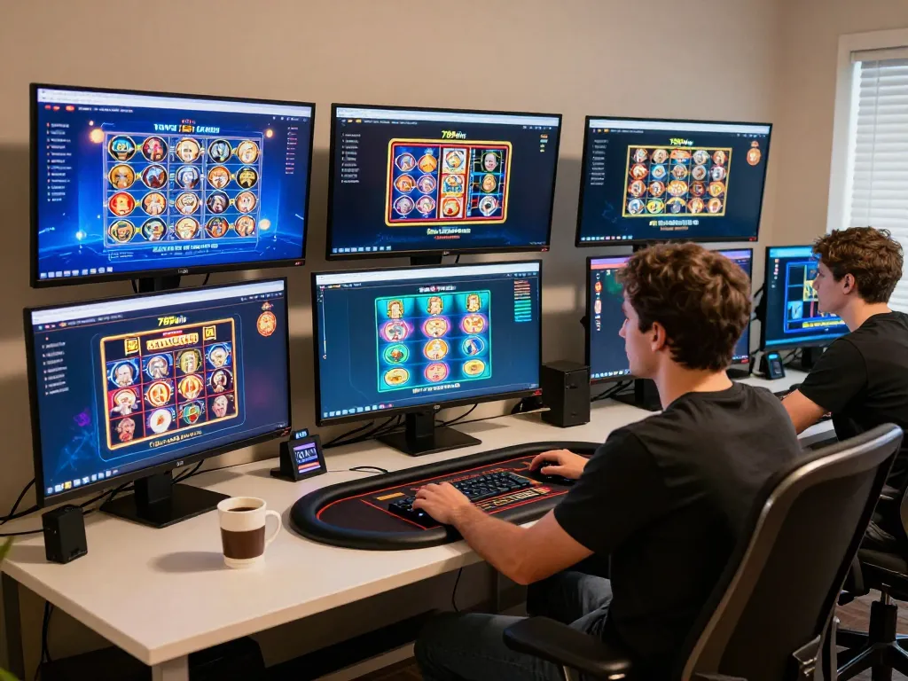 Player engaging in online gameplay on 789win with multiple screens showcasing dynamic gaming.