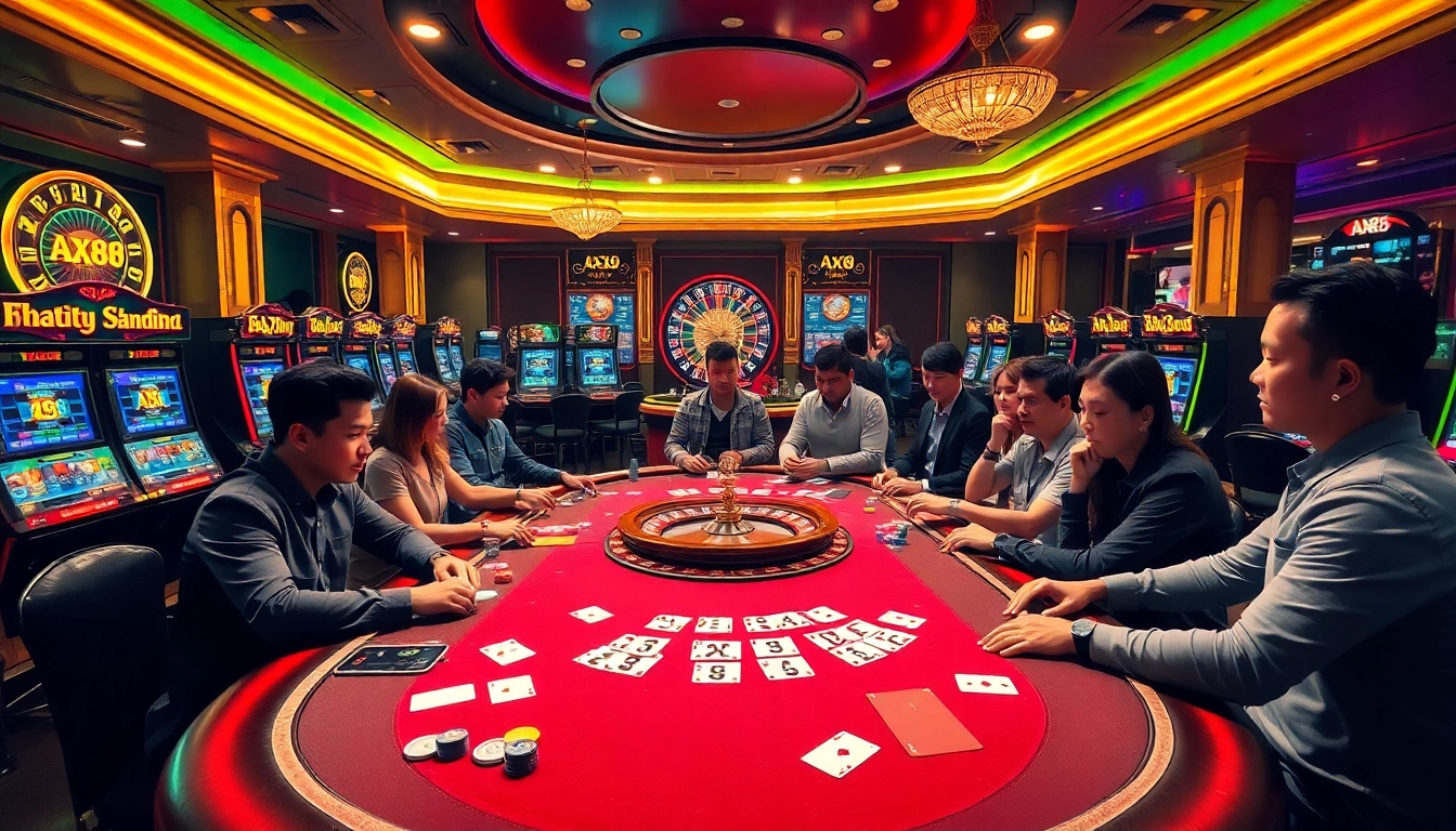AX88 casino experience with players at a vibrant poker table and roulette wheel.