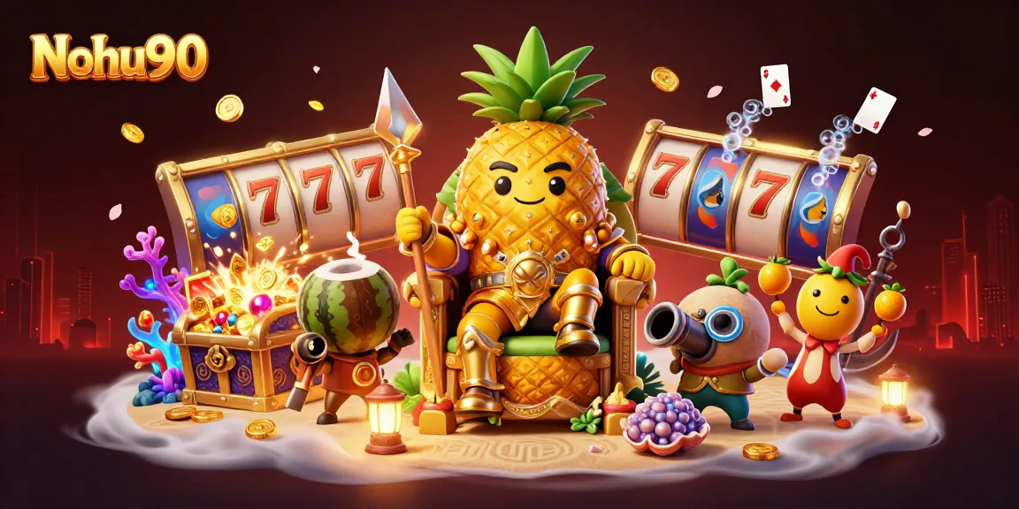 Nohu90 spins lucky slots with players in a vibrant casino scene featuring colorful gems and gold coins.