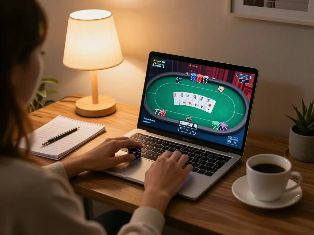 Person engaged in online gaming at home on laptop featuring king88 vina poker game, showcasing a strategic approach to gambling.
