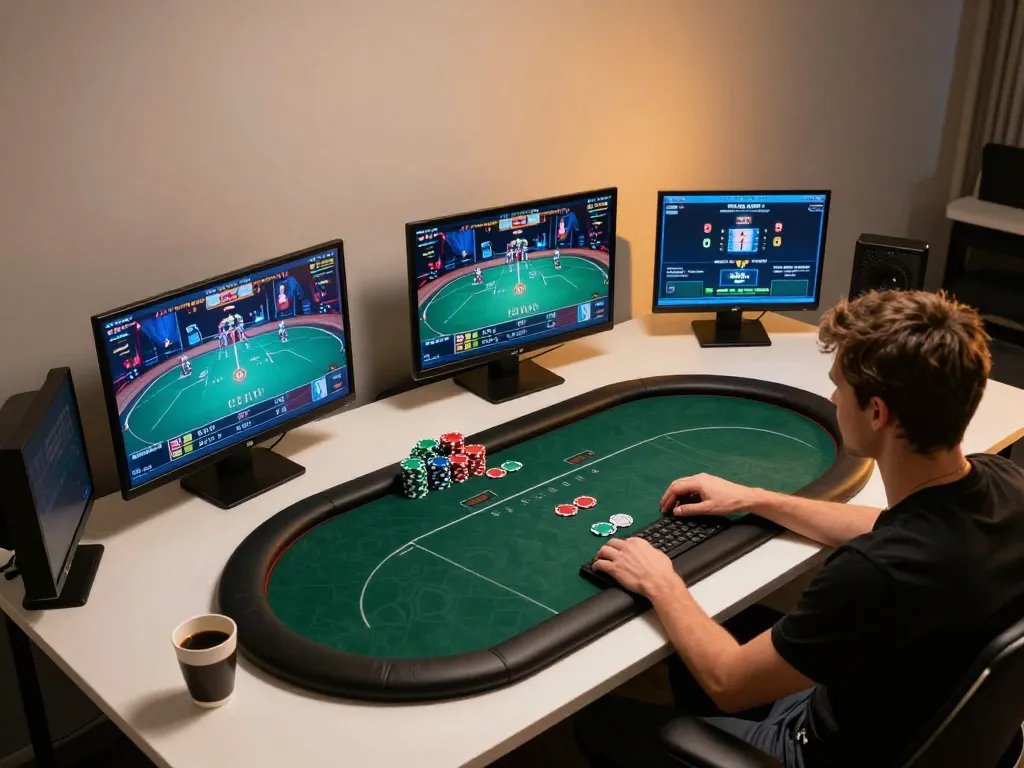 Player engaging with nhà cái uy tín Sunwin on a sleek gaming setup, showcasing poker strategy.