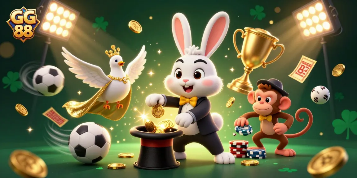 Experience exciting gaming action at GG 88 with the magician pulling coins and characters celebrating wins.