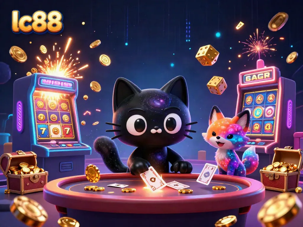 Experience thrilling casino adventures with lc88 as a cosmic black hole cat and colorful gas fox capture golden chips and excitement.