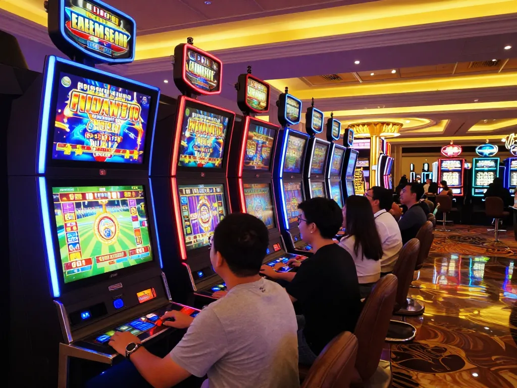 Nổ hũ players celebrating wins at colorful slot machines in a lively casino setting