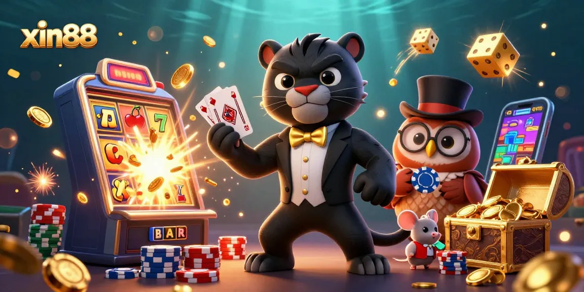 Experience thrilling gaming at xin88 with a stylish panther dealer, lucky poker owl, and festive atmosphere.
