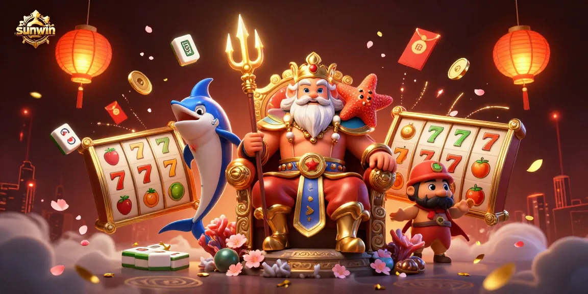 Engage with the sunwin experience as Neptune presides over a vibrant casino scene filled with slot elements.
