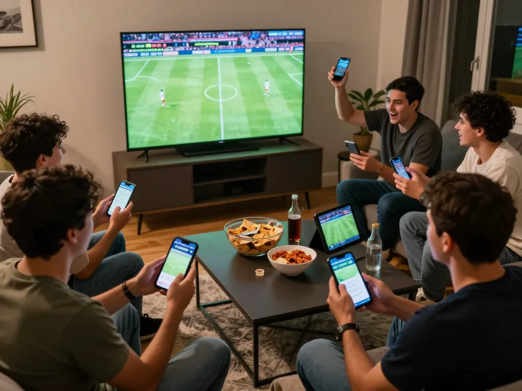 Cakhiatv app being used during a vibrant home sports betting gathering, friends engaged in betting analysis.