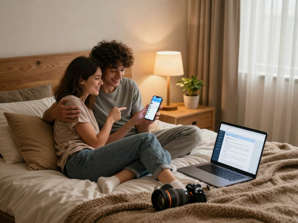 Couple using AI chat porn technology in a cozy bedroom setting.