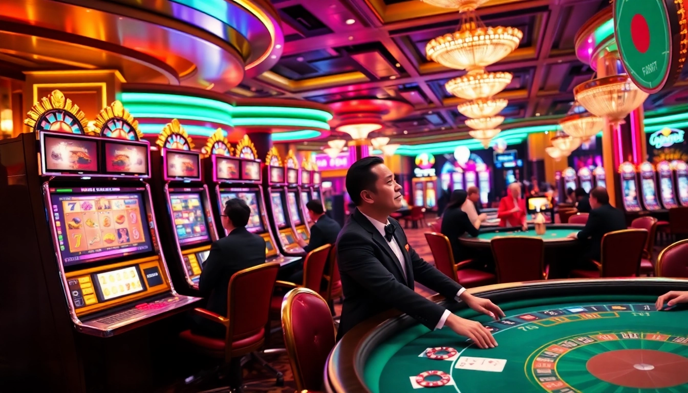 Celebrating a jackpot win at https://nohudoithuong.life/ with vibrant slot machines and luxurious casino atmosphere.