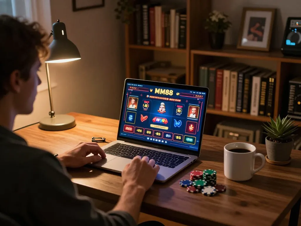 Engaging player enjoys MM88 online casino gameplay at home with warm lighting and personal touches.