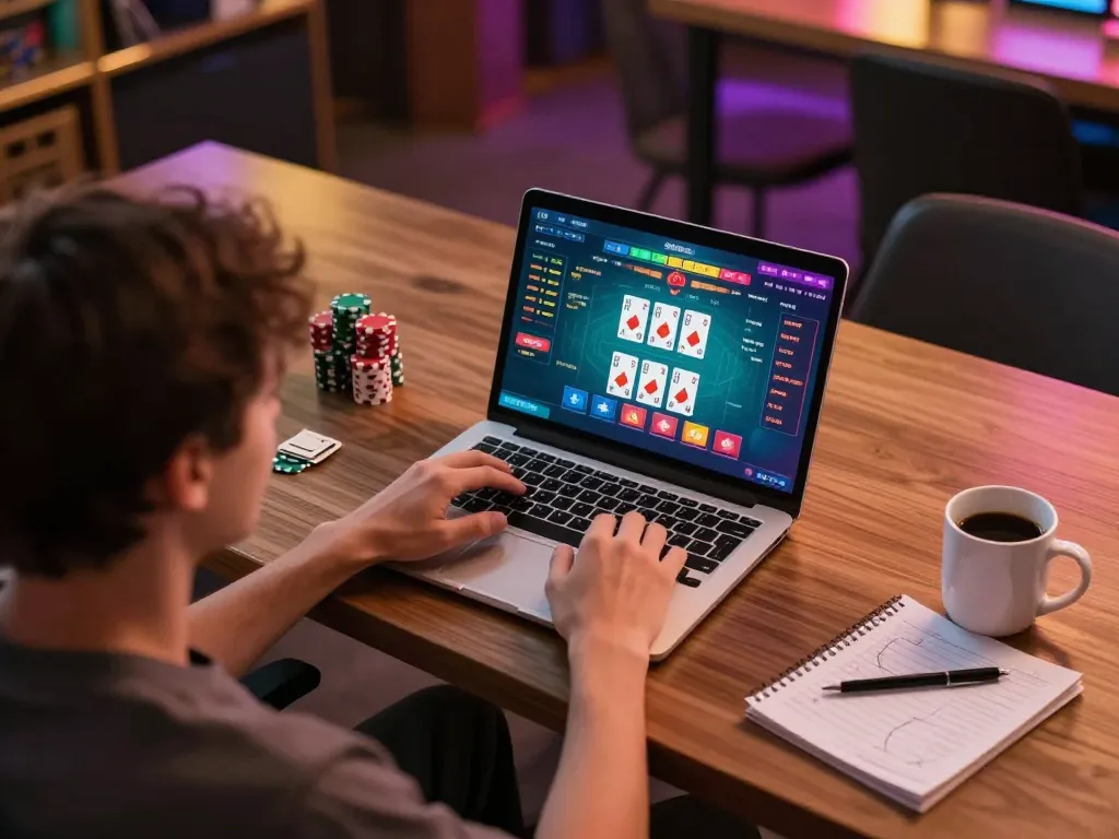 Engaging in online poker with xin88 on a laptop, focusing on winning strategies and gameplay