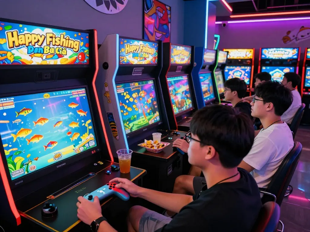 Exciting Fun79 gaming experience with players enjoying vibrant fish-themed games in an arcade setting.