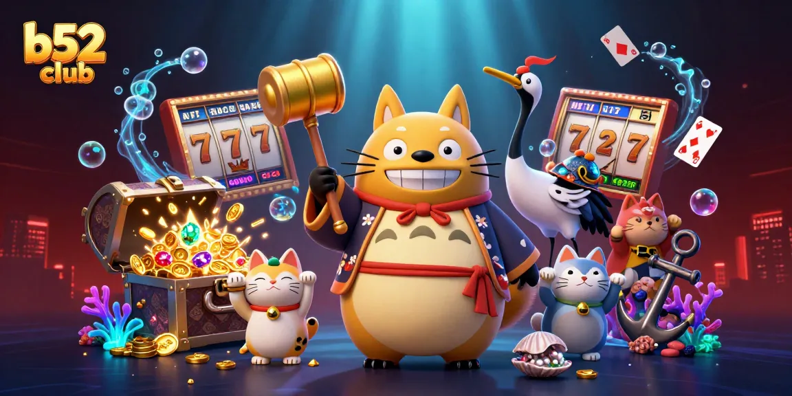 B52Club invites players to win big with vibrant gaming elements and lucky mascots in a festive casino scene.