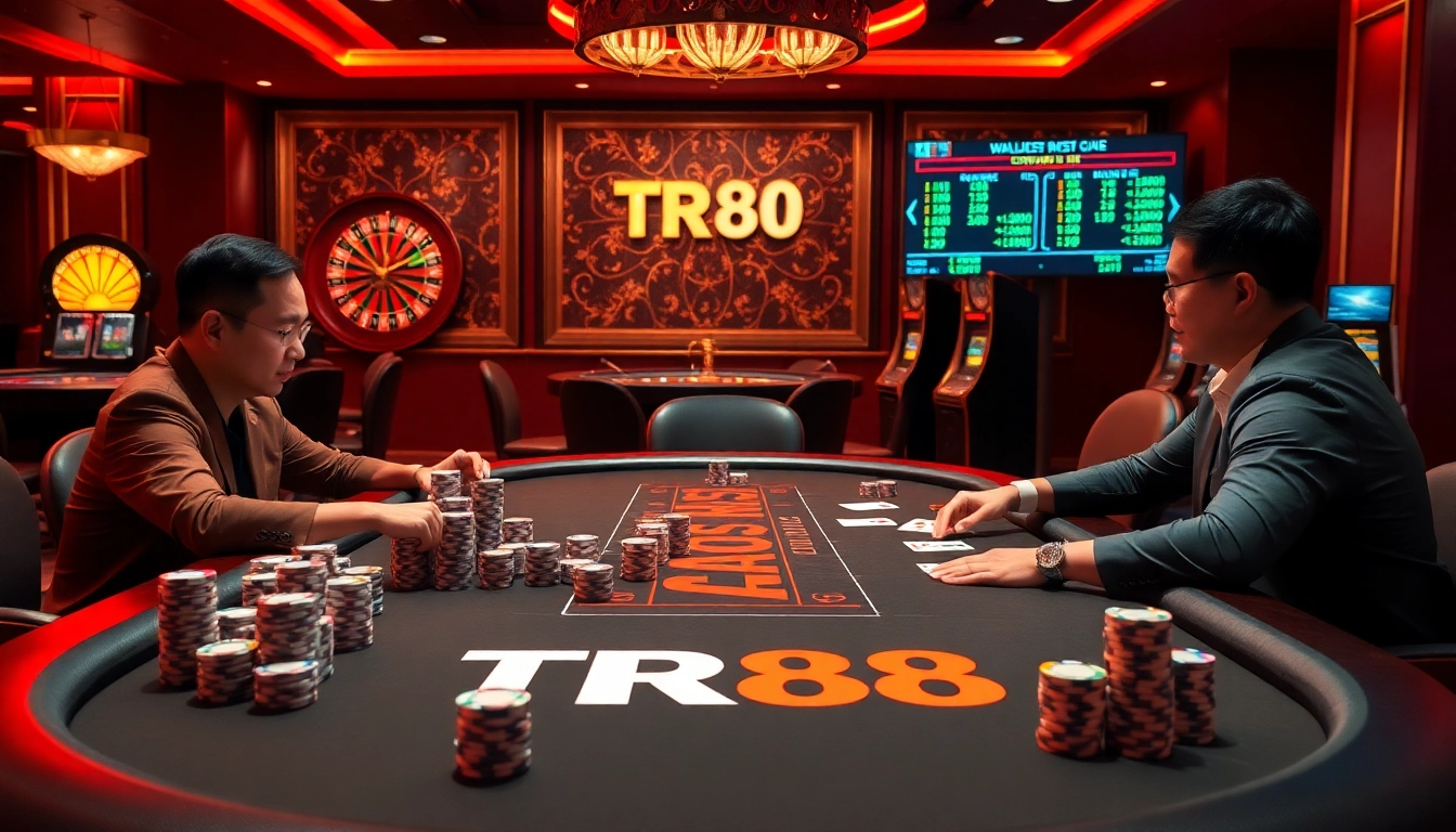 Engage with thrilling gameplay at tr88 com's poker table, showcasing excitement and strategy in a luxurious casino setting.
