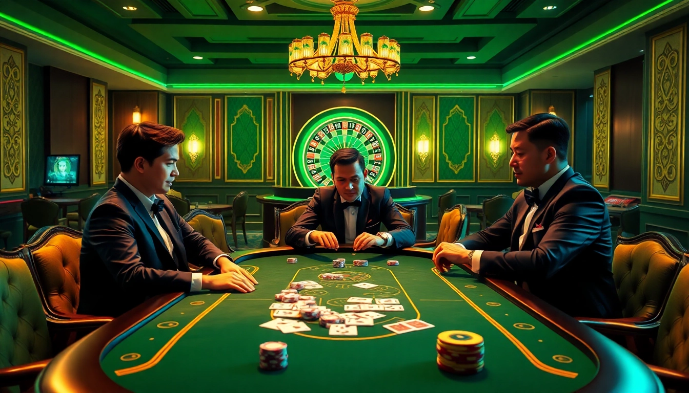 Players strategizing at the AU8802 poker table, surrounded by vibrant casino elements.