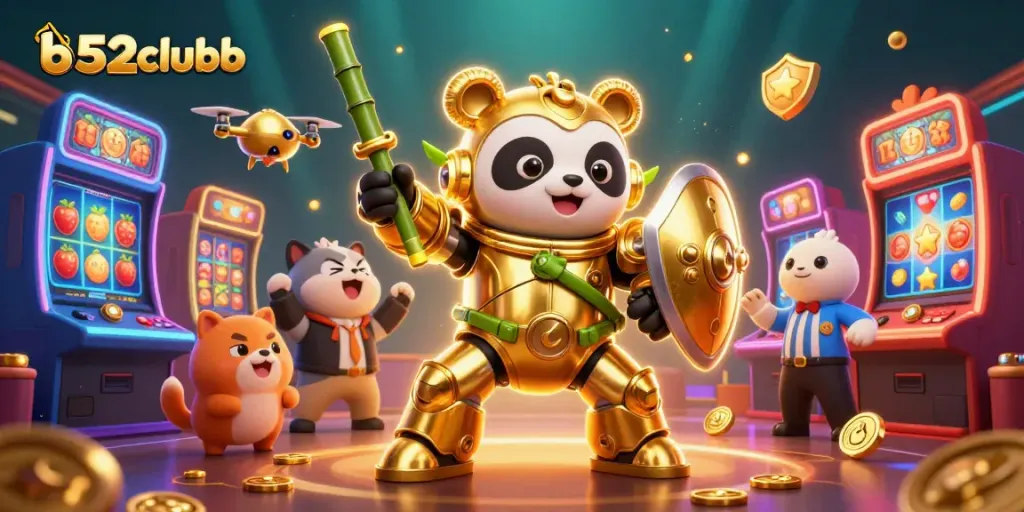 Experience the vibrant b52clubb casino action with a dynamic panda robot battling in style.