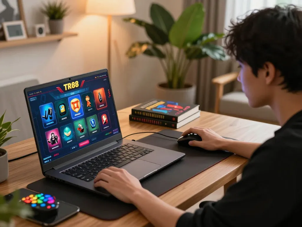 Player immersed in TR88 online casino game, showcasing exciting gameplay on laptop.