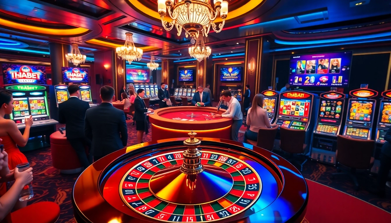 Engaging players at thabet.baby enjoying a vibrant casino atmosphere with roulette and slot machines.