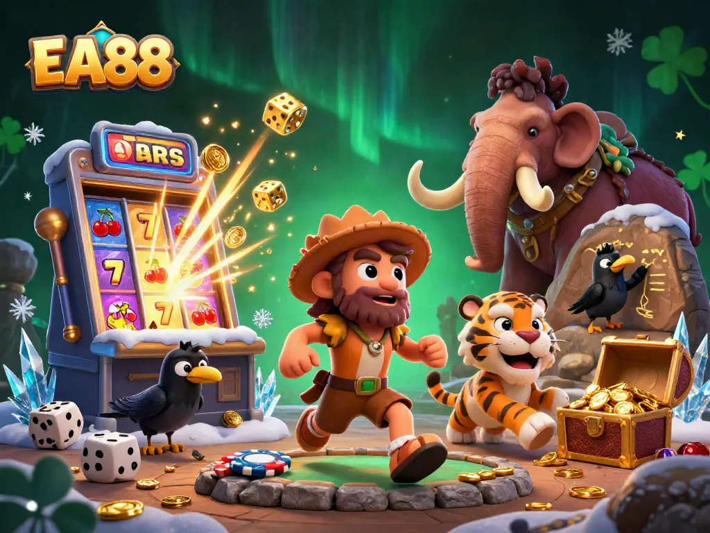 Experience gaming thrills at EA88 with a vibrant 3D illustration of a prehistoric casino scene.