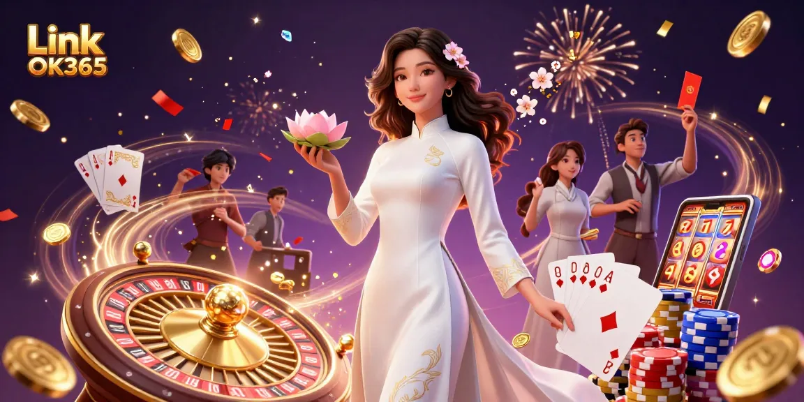 Win big with Link OK365 in this vibrant 3D casino scene featuring a graceful Asian woman among winning game elements.
