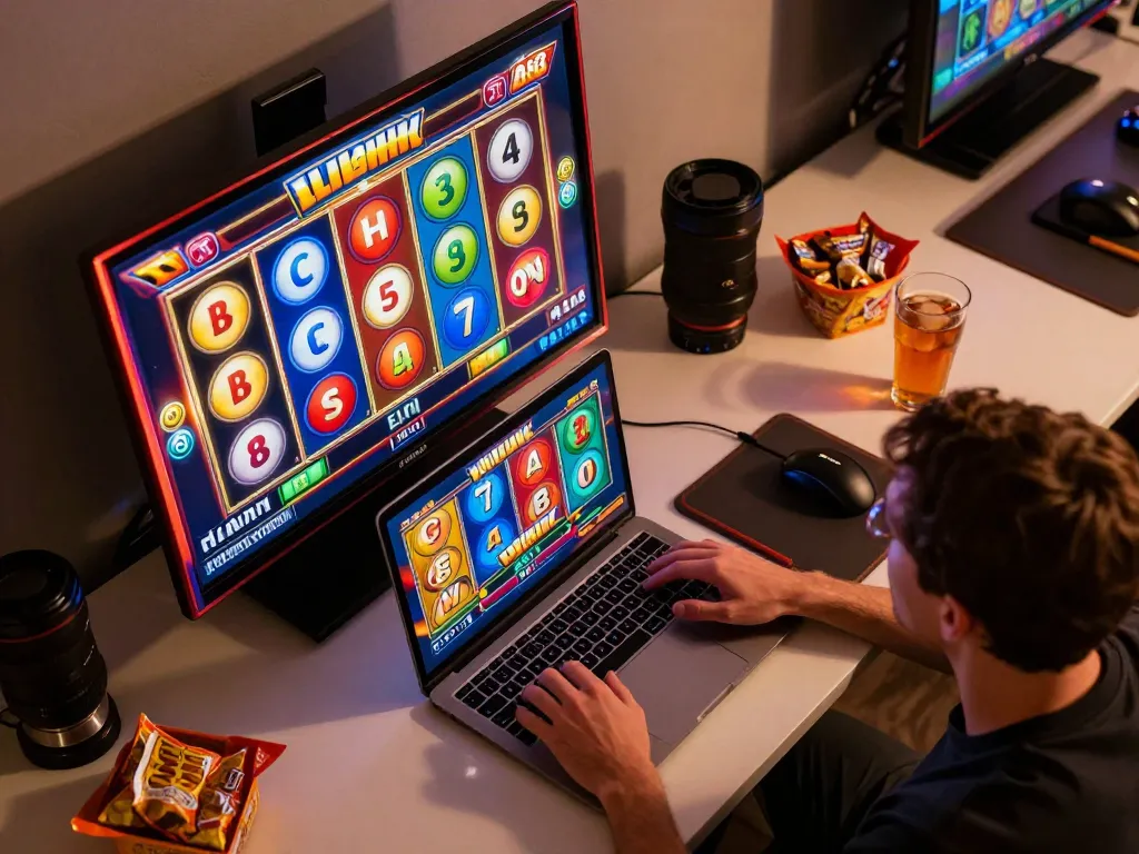 Engaging slot88 gameplay on a modern laptop, showcasing vibrant reels aligning for a potential win.