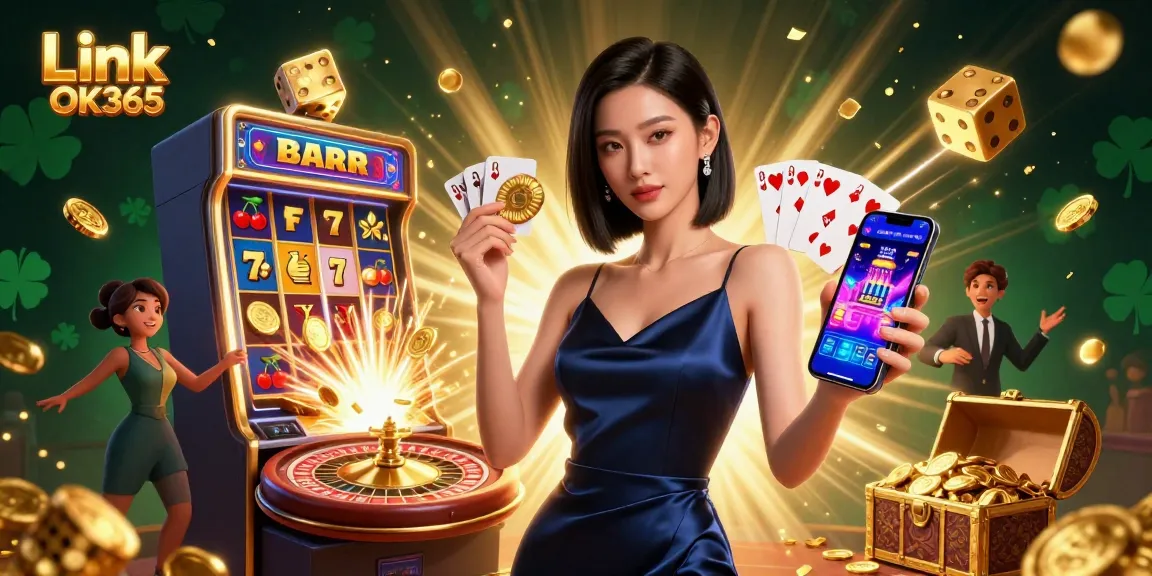 Experience thrilling gameplay with Link OK365, showcasing a stunning casino scene featuring a confident woman and jackpot elements.