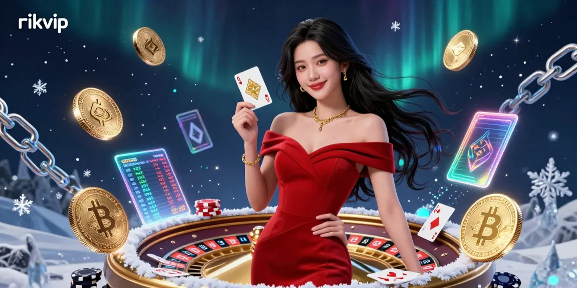 Experience thrilling gameplay at rikvip with a stunning Asian woman presenting a golden playing card alongside dynamic casino elements.