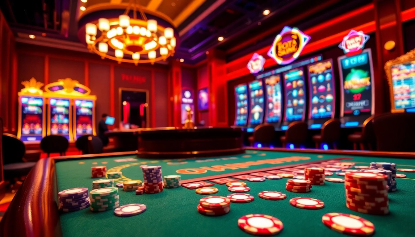Lucky88 players immersed in an exciting online casino experience with vibrant tables and games.