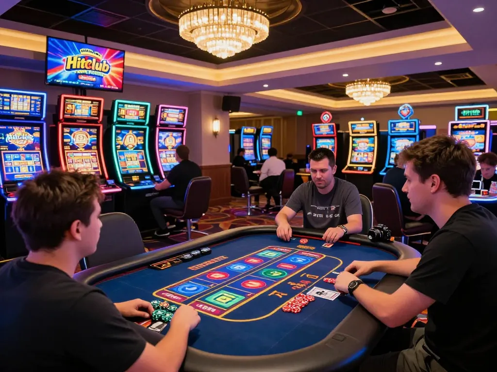 Hitclub dynamic online gaming scene with players at an interactive gaming table, vibrant casino atmosphere showcasing excitement.