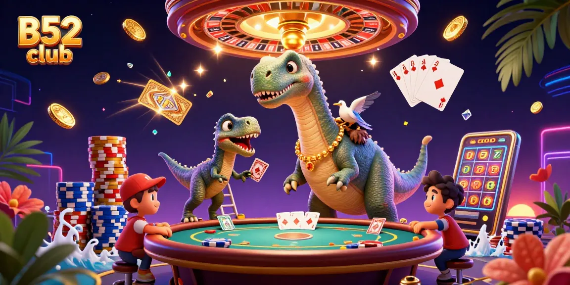 B52club showcases a fun casino scene with a giant dino and clever raptor dealing cards.