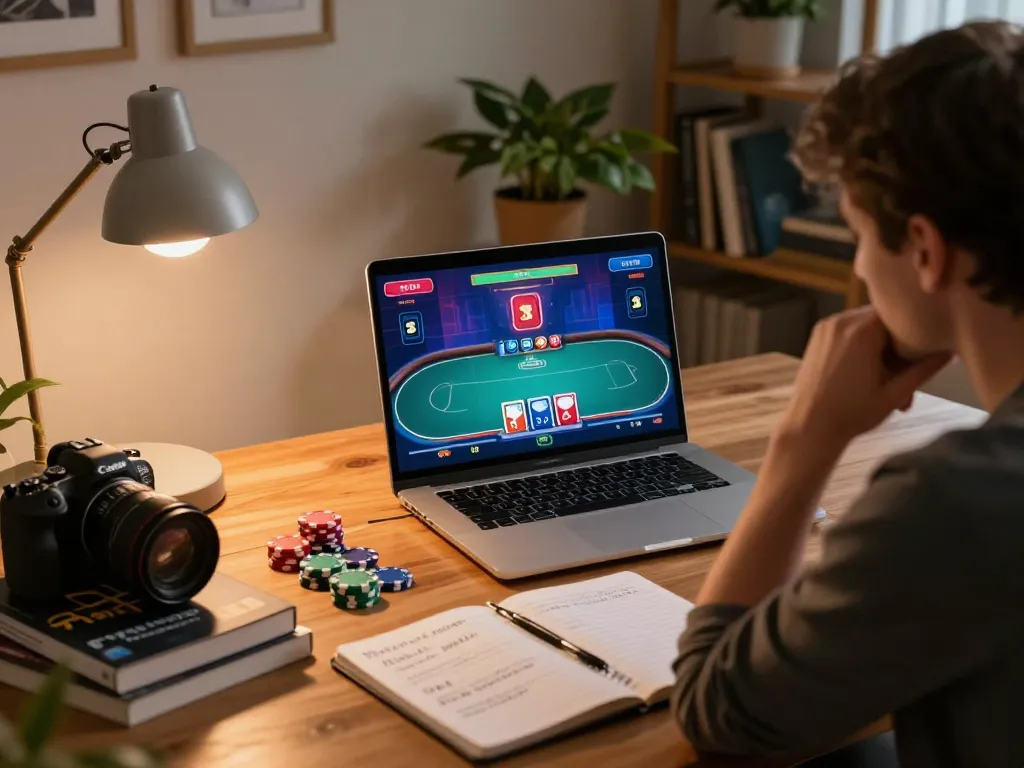 Engaging online poker session on bongdallu with player analyzing strategies and game interface illuminated by warm desk lamp.