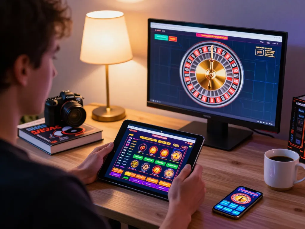 Experience new pk luck thrilling gameplay on a tablet with roulette spinning in cozy home