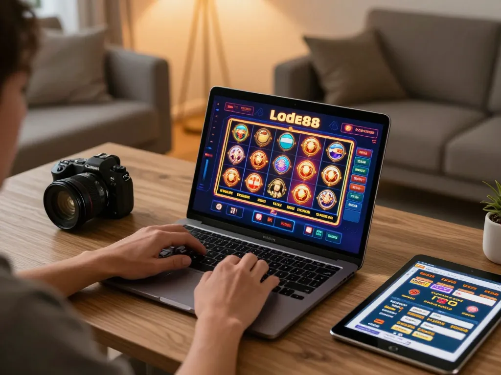 Engaging with lode88 gaming on a laptop in a cozy home office environment