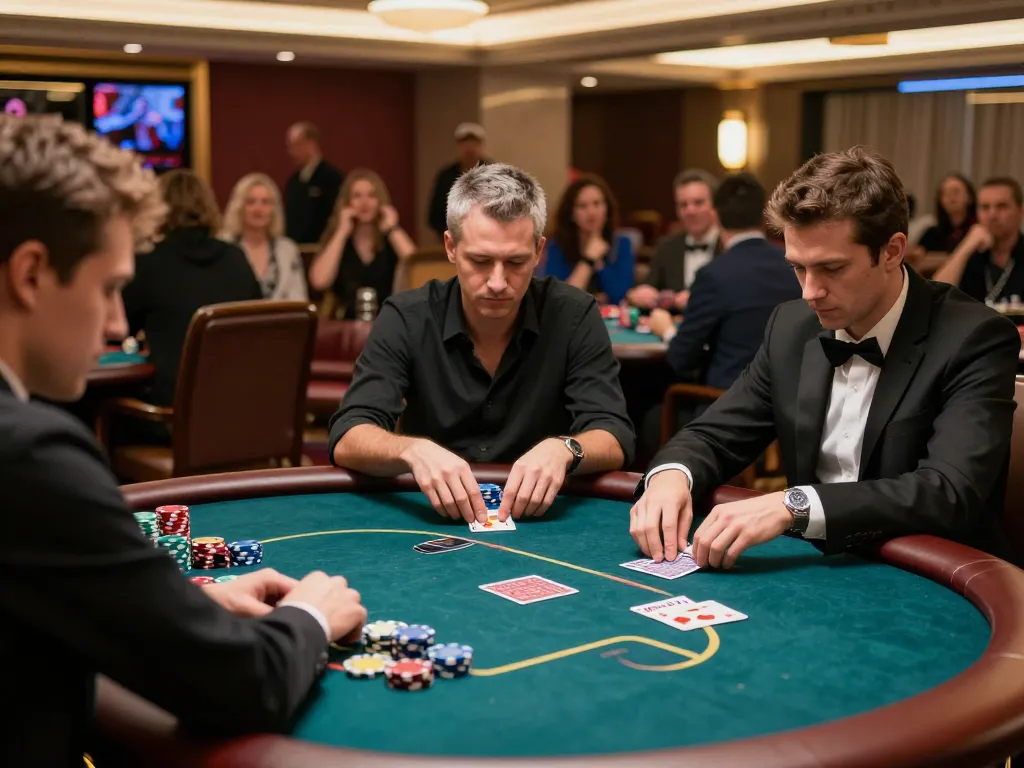Players engaging in a strategic poker game at gamebaidoithuong8, showcasing high stakes and deep focus.