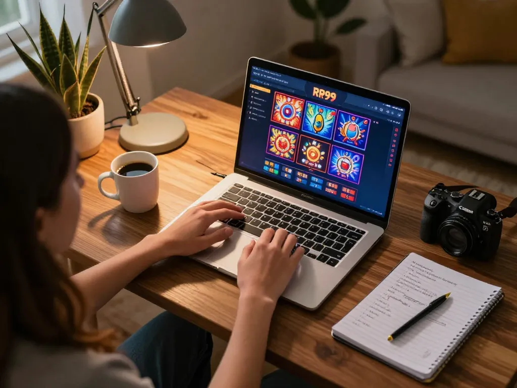 Player enjoying RR99 online casino game on laptop with strategic notes in cozy home setting